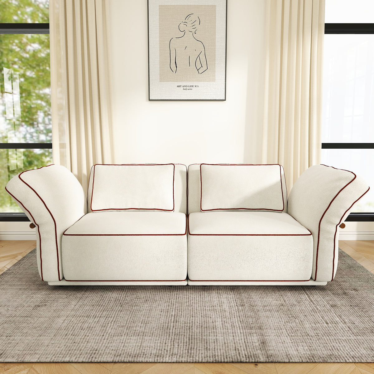 Sectional Couch with Movable Ottoman, Oversized Deep Seat Polyester Bouclé Modular Sofa for Living Room