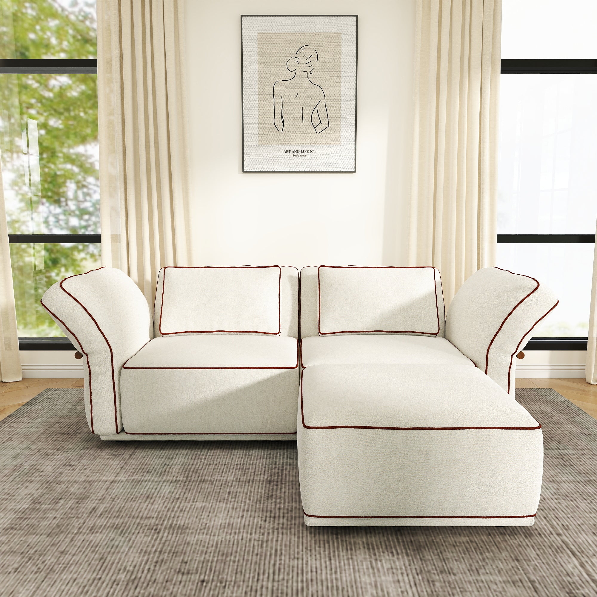 Sectional Couch with Movable Ottoman, Oversized Deep Seat Polyester Bouclé Modular Sofa for Living Room