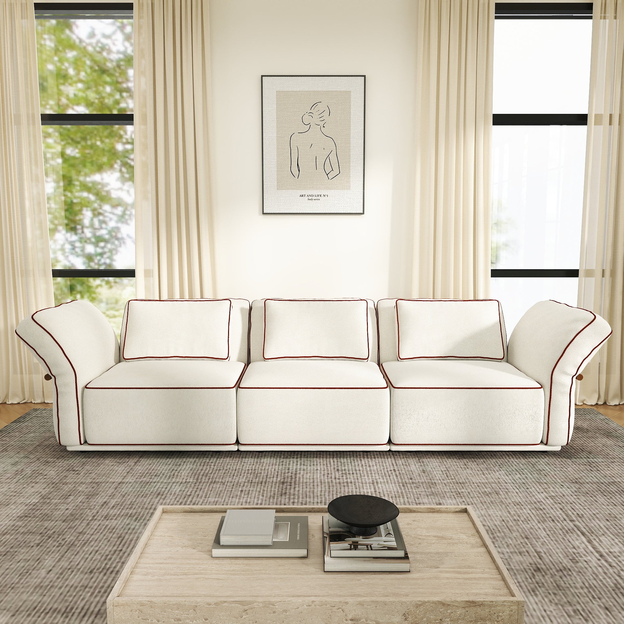 Sectional Couch with Movable Ottoman, Oversized Deep Seat Polyester Bouclé Modular Sofa for Living Room