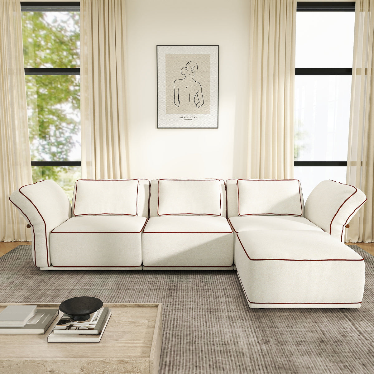 Sectional Couch with Movable Ottoman, Oversized Deep Seat Polyester Bouclé Modular Sofa for Living Room