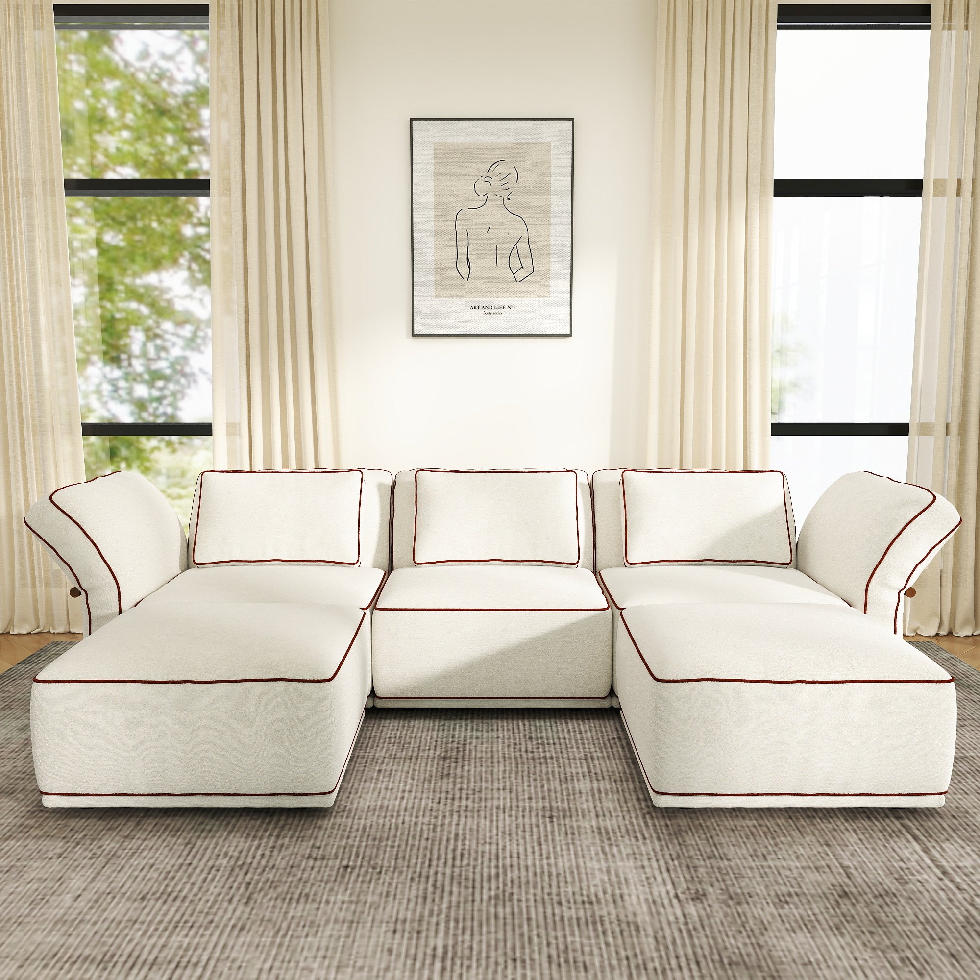 Sectional Couch with Movable Ottoman, Oversized Deep Seat Polyester Bouclé Modular Sofa for Living Room