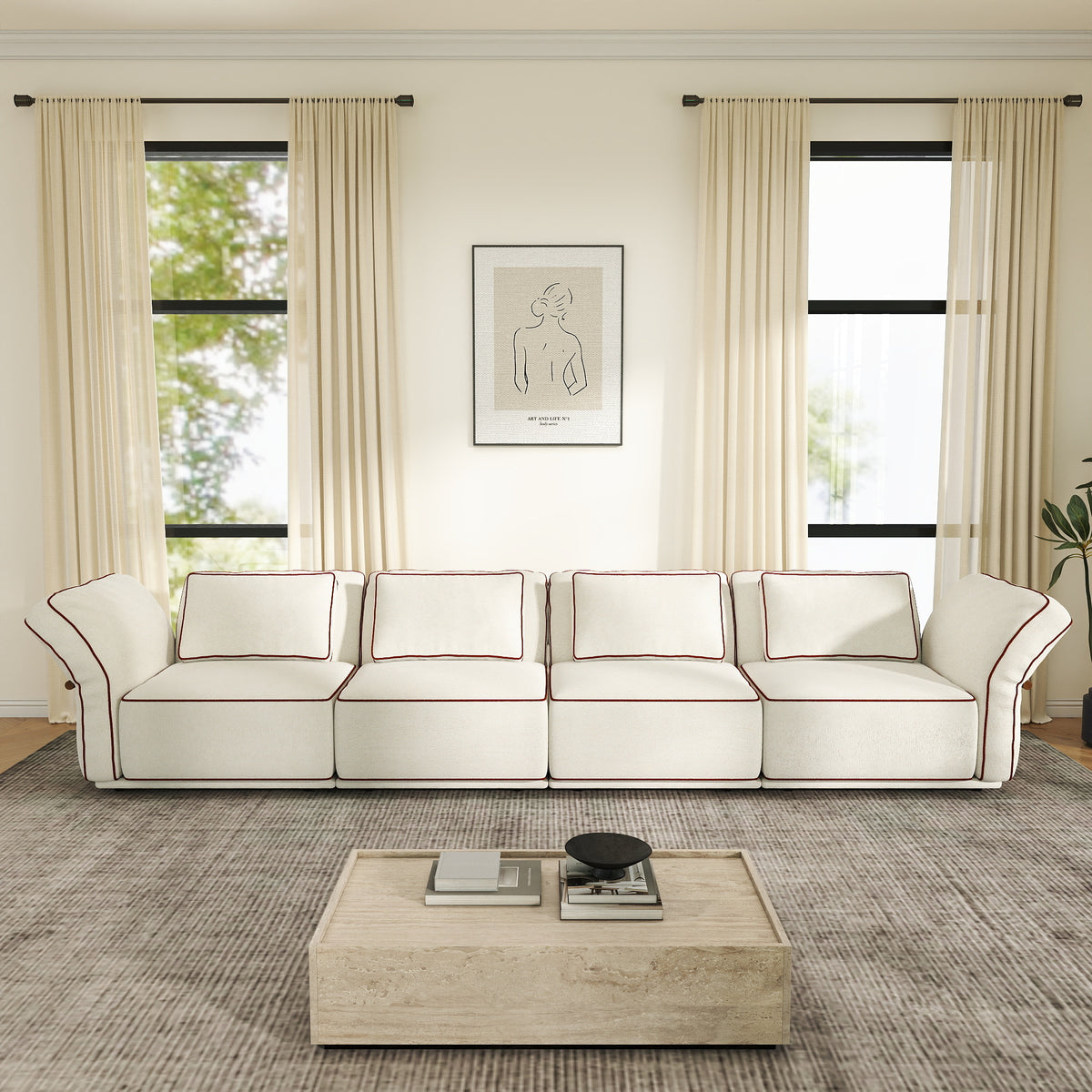 Sectional Couch with Movable Ottoman, Oversized Deep Seat Polyester Bouclé Modular Sofa for Living Room