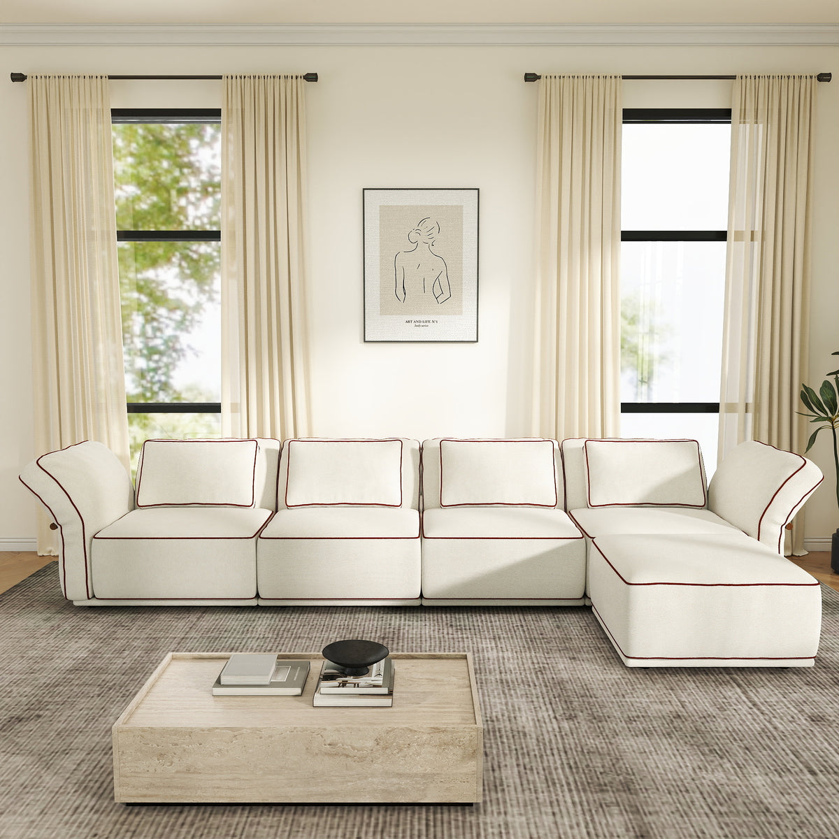 Sectional Couch with Movable Ottoman, Oversized Deep Seat Polyester Bouclé Modular Sofa for Living Room