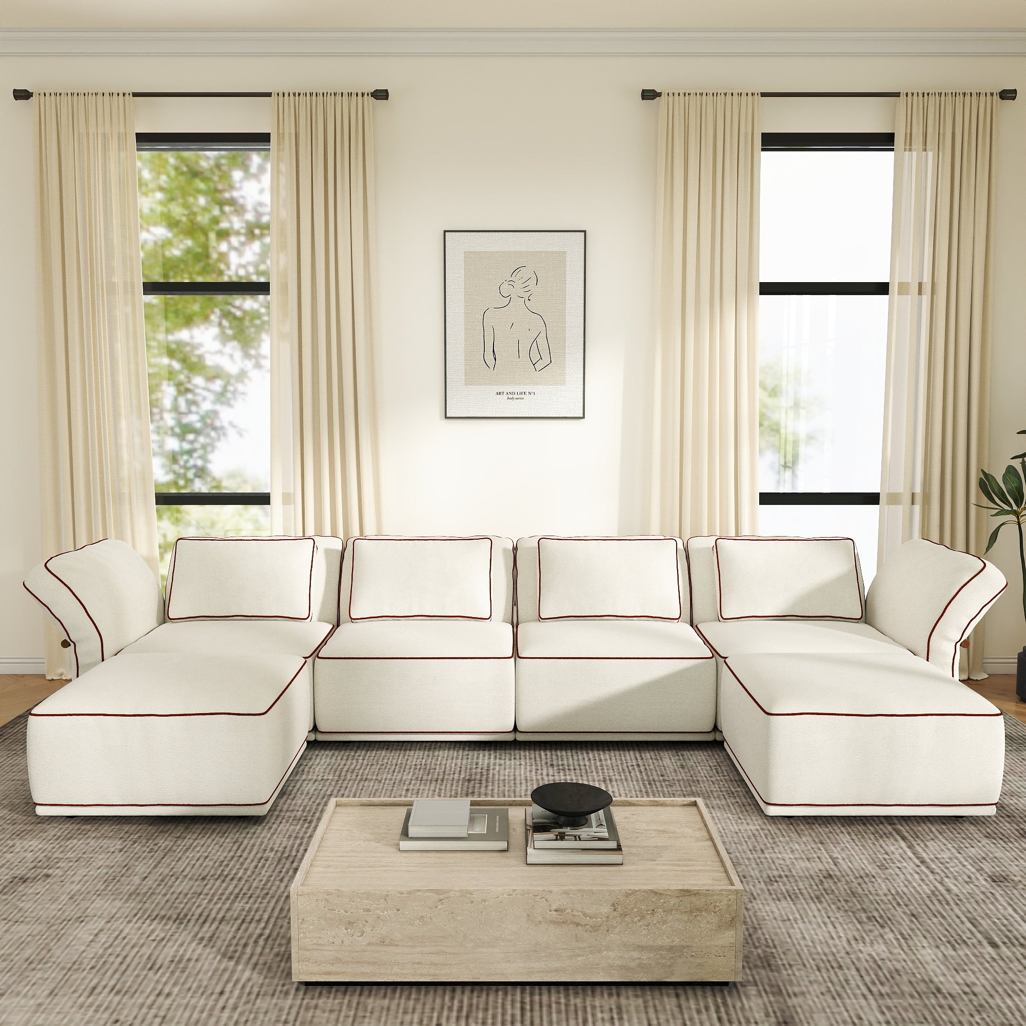 Sectional Couch with Movable Ottoman, Oversized Deep Seat Polyester Bouclé Modular Sofa for Living Room