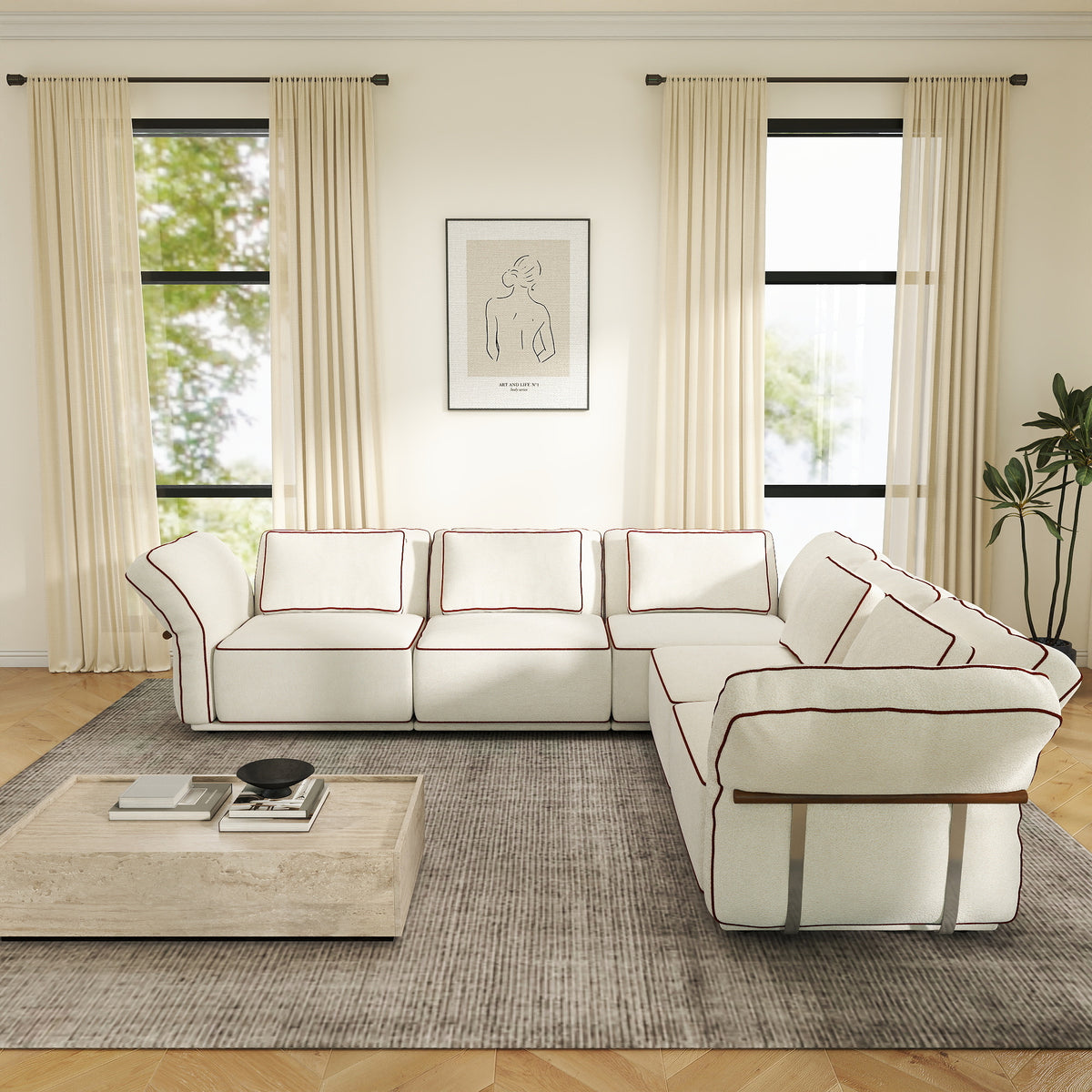 Sectional Couch with Movable Ottoman, Oversized Deep Seat Polyester Bouclé Modular Sofa for Living Room