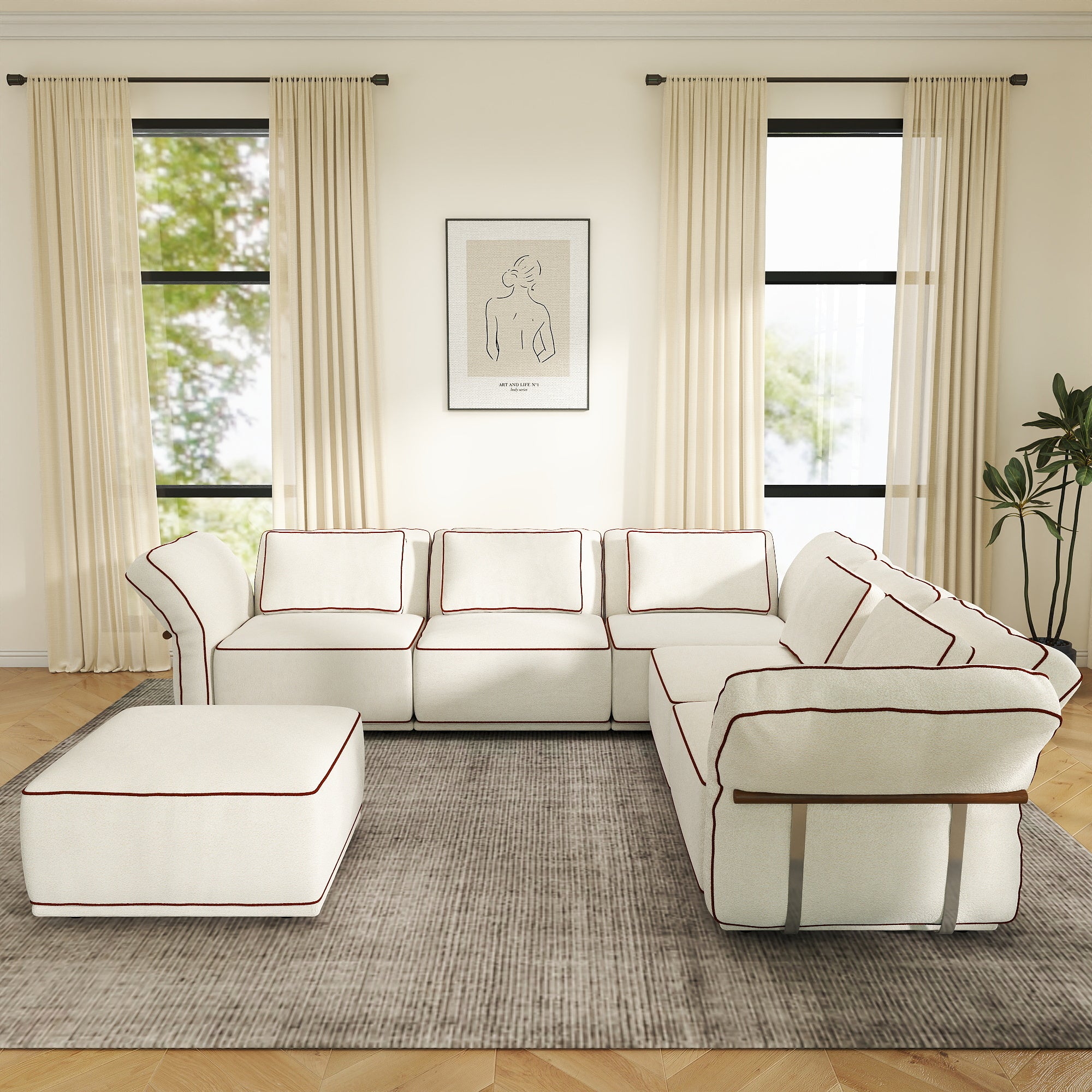 Sectional Couch with Movable Ottoman, Oversized Deep Seat Polyester Bouclé Modular Sofa for Living Room