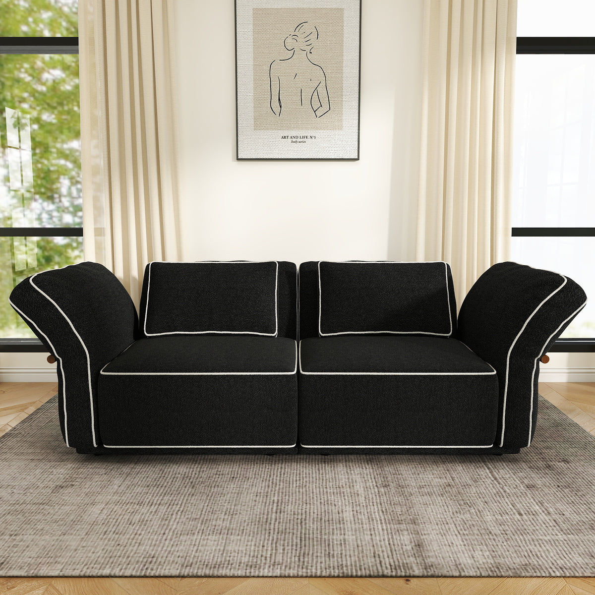 Sectional Couch with Movable Ottoman, Oversized Deep Seat Polyester Bouclé Modular Sofa for Living Room