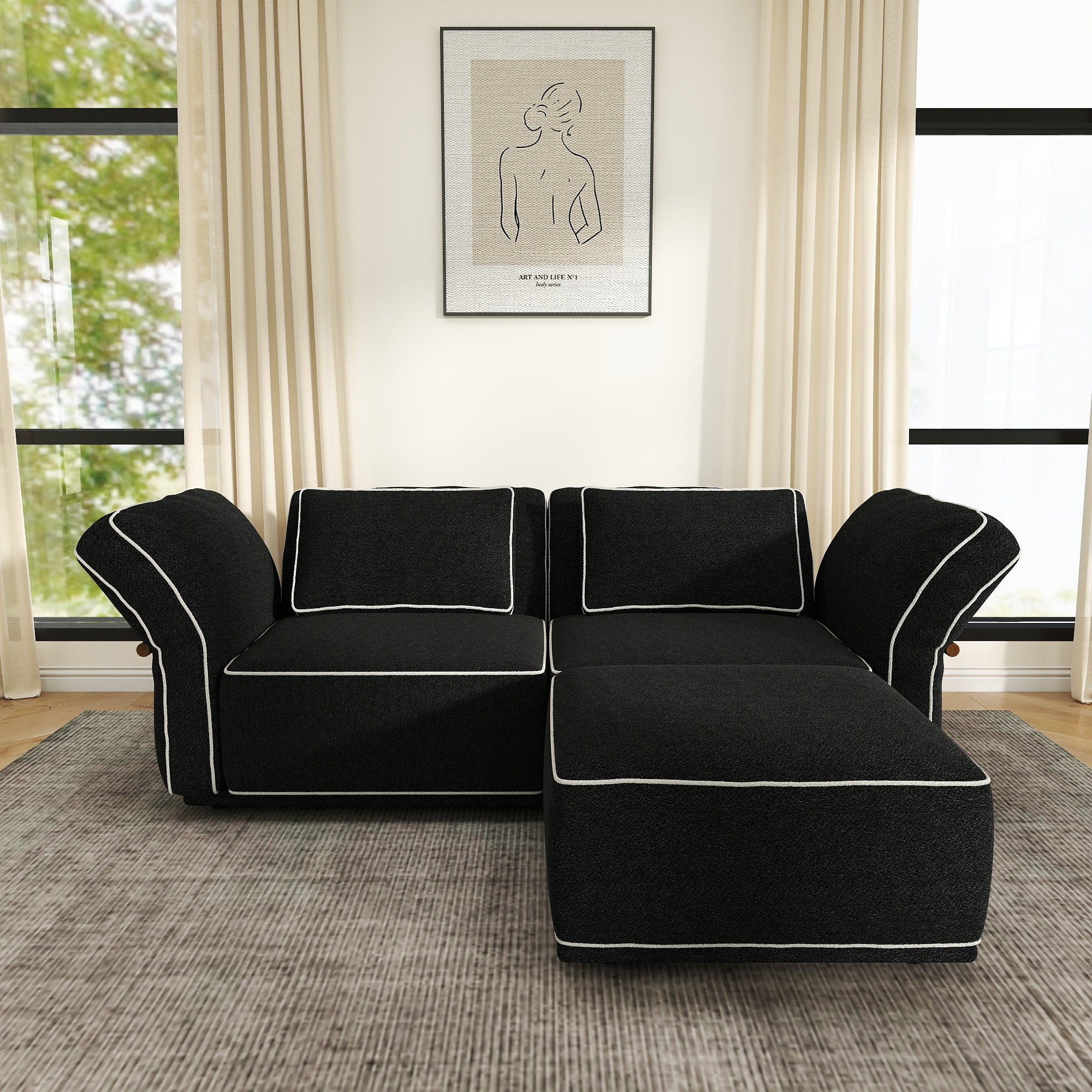Sectional Couch with Movable Ottoman, Oversized Deep Seat Polyester Bouclé Modular Sofa for Living Room