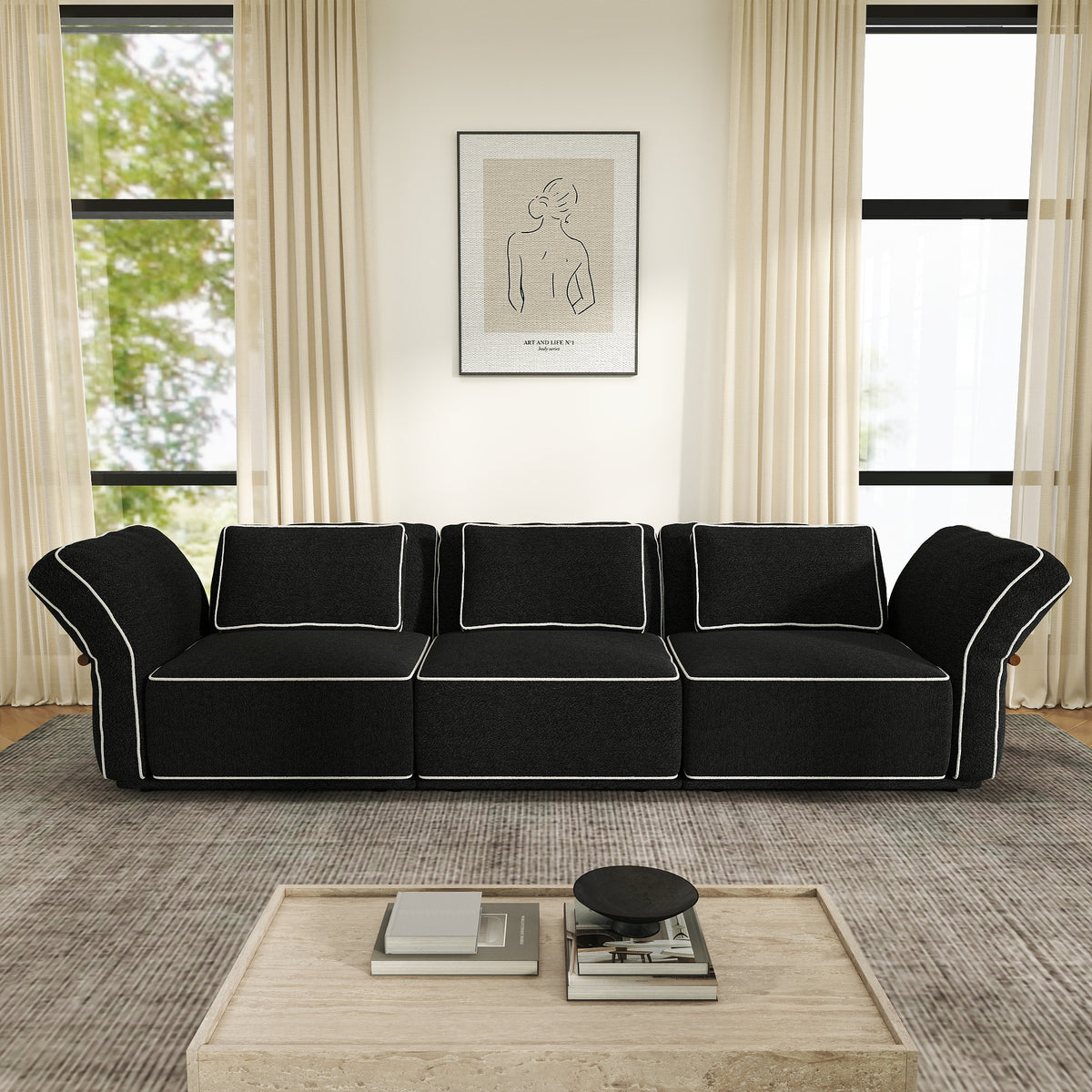 Sectional Couch with Movable Ottoman, Oversized Deep Seat Polyester Bouclé Modular Sofa for Living Room