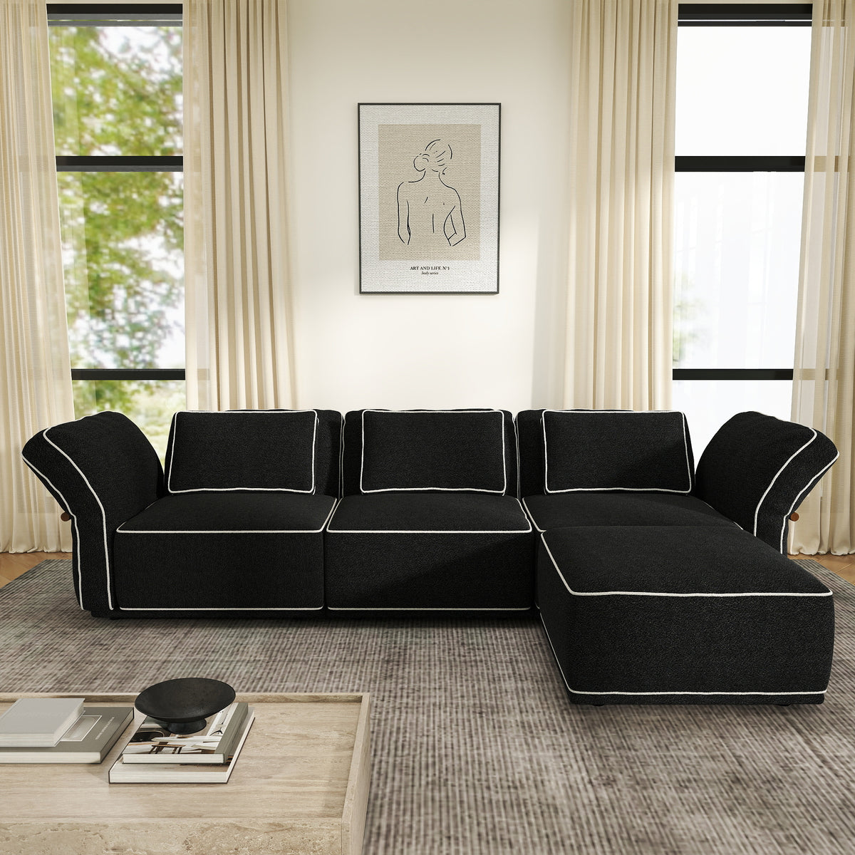 Sectional Couch with Movable Ottoman, Oversized Deep Seat Polyester Bouclé Modular Sofa for Living Room