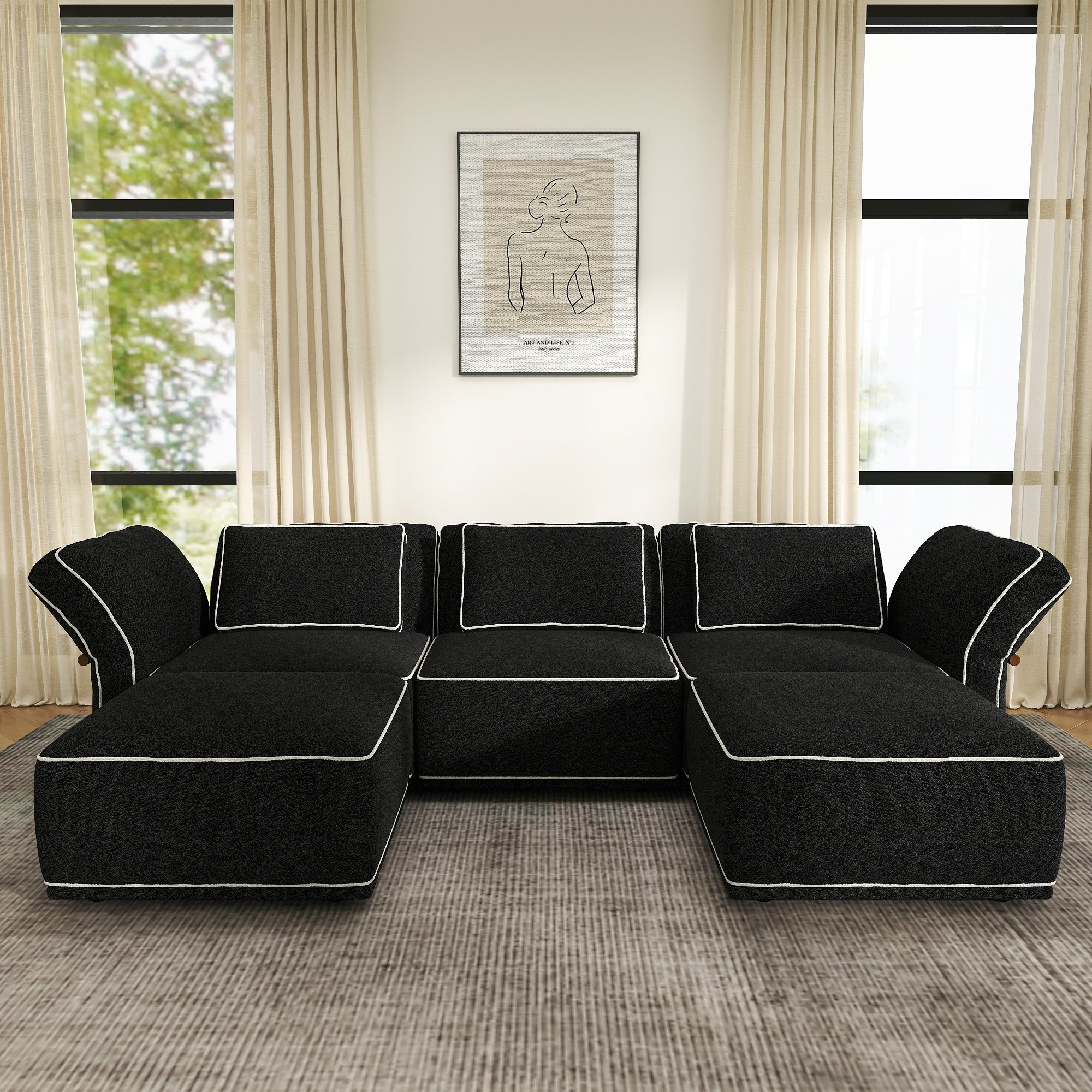 Sectional Couch with Movable Ottoman, Oversized Deep Seat Polyester Bouclé Modular Sofa for Living Room
