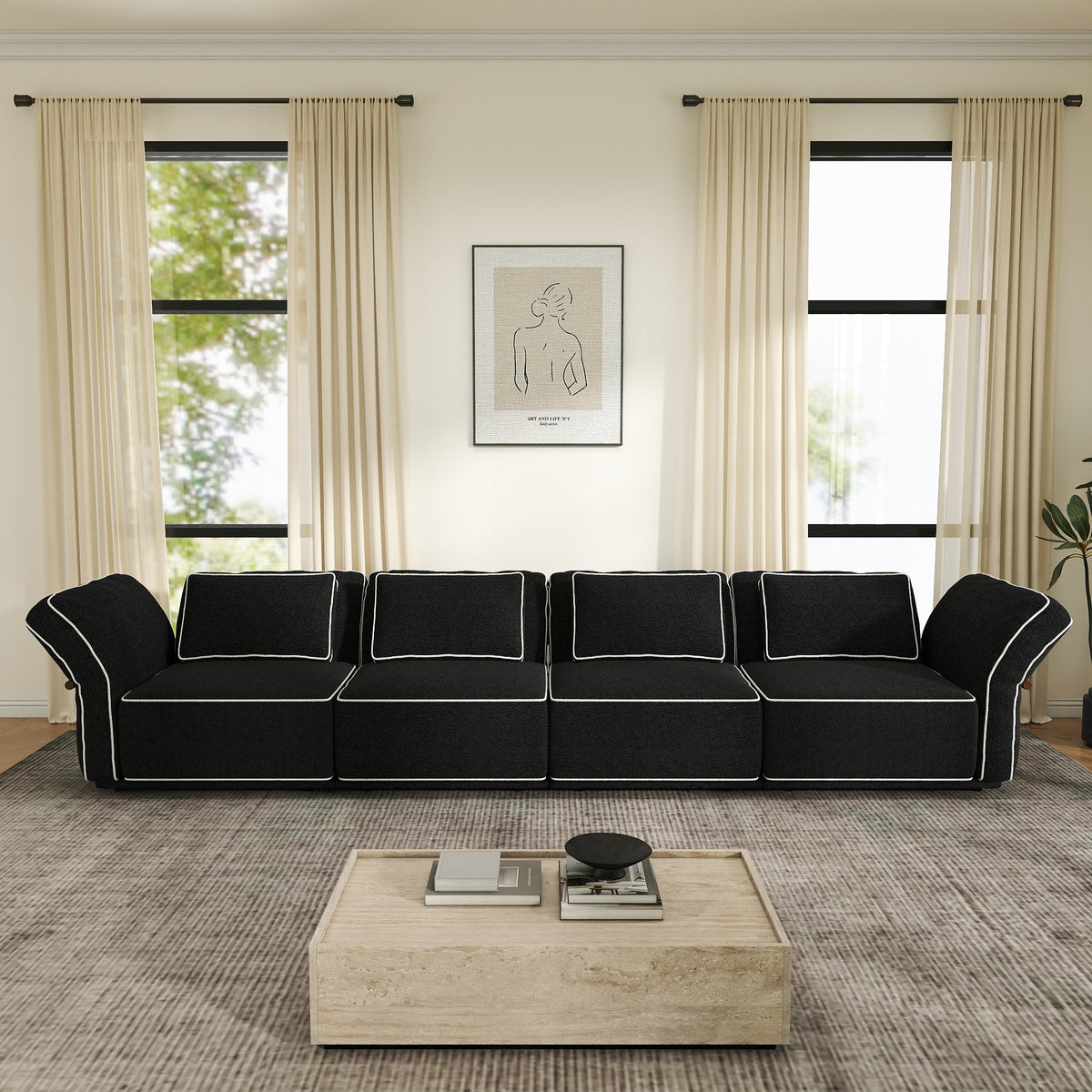 Sectional Couch with Movable Ottoman, Oversized Deep Seat Polyester Bouclé Modular Sofa for Living Room