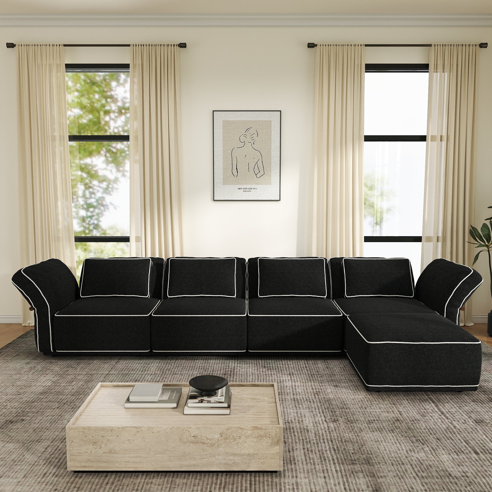 Sectional Couch with Movable Ottoman, Oversized Deep Seat Polyester Bouclé Modular Sofa for Living Room