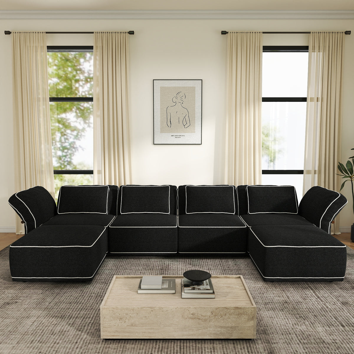 Sectional Couch with Movable Ottoman, Oversized Deep Seat Polyester Bouclé Modular Sofa for Living Room