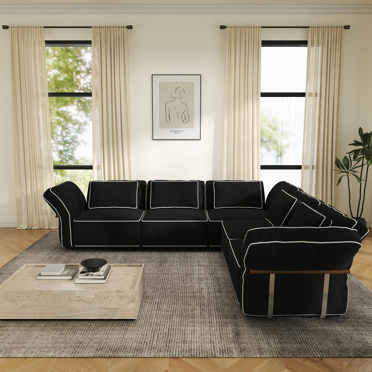 Sectional Couch with Movable Ottoman, Oversized Deep Seat Polyester Bouclé Modular Sofa for Living Room