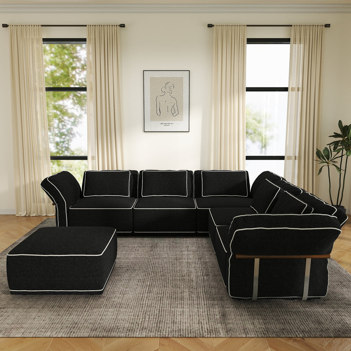 Sectional Couch with Movable Ottoman, Oversized Deep Seat Polyester Bouclé Modular Sofa for Living Room